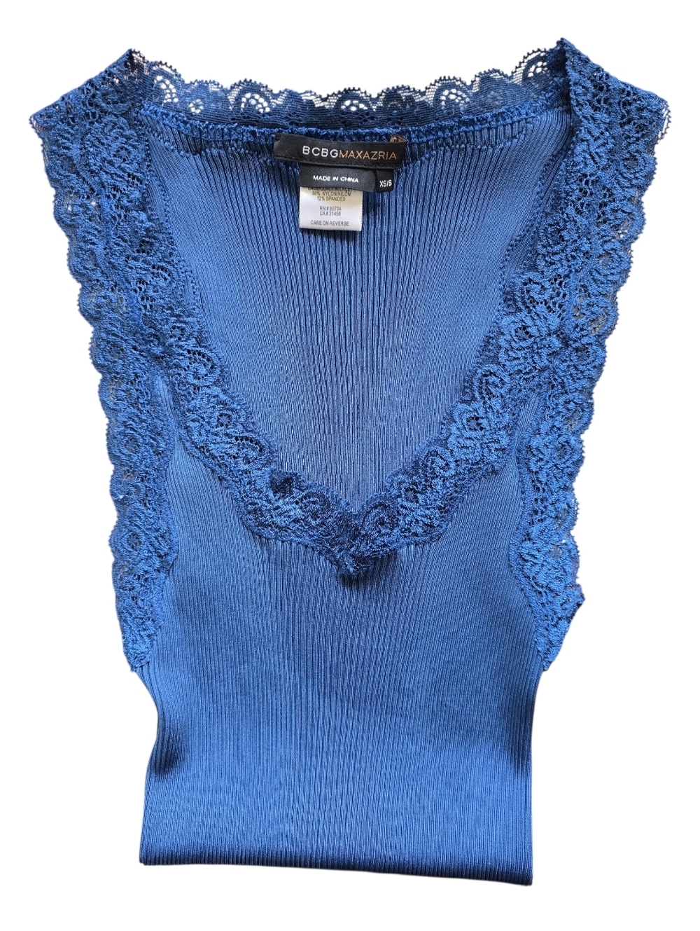 BCBG MAXAZRIA 100% Silk Ribbed Lace Trim Blue Tank Like New XS/S